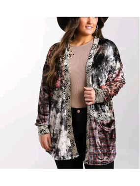 Gimmicks by BKE Patchwork Kimono Cardigan XL NWT Boho Floral Velvet Plaid Duster